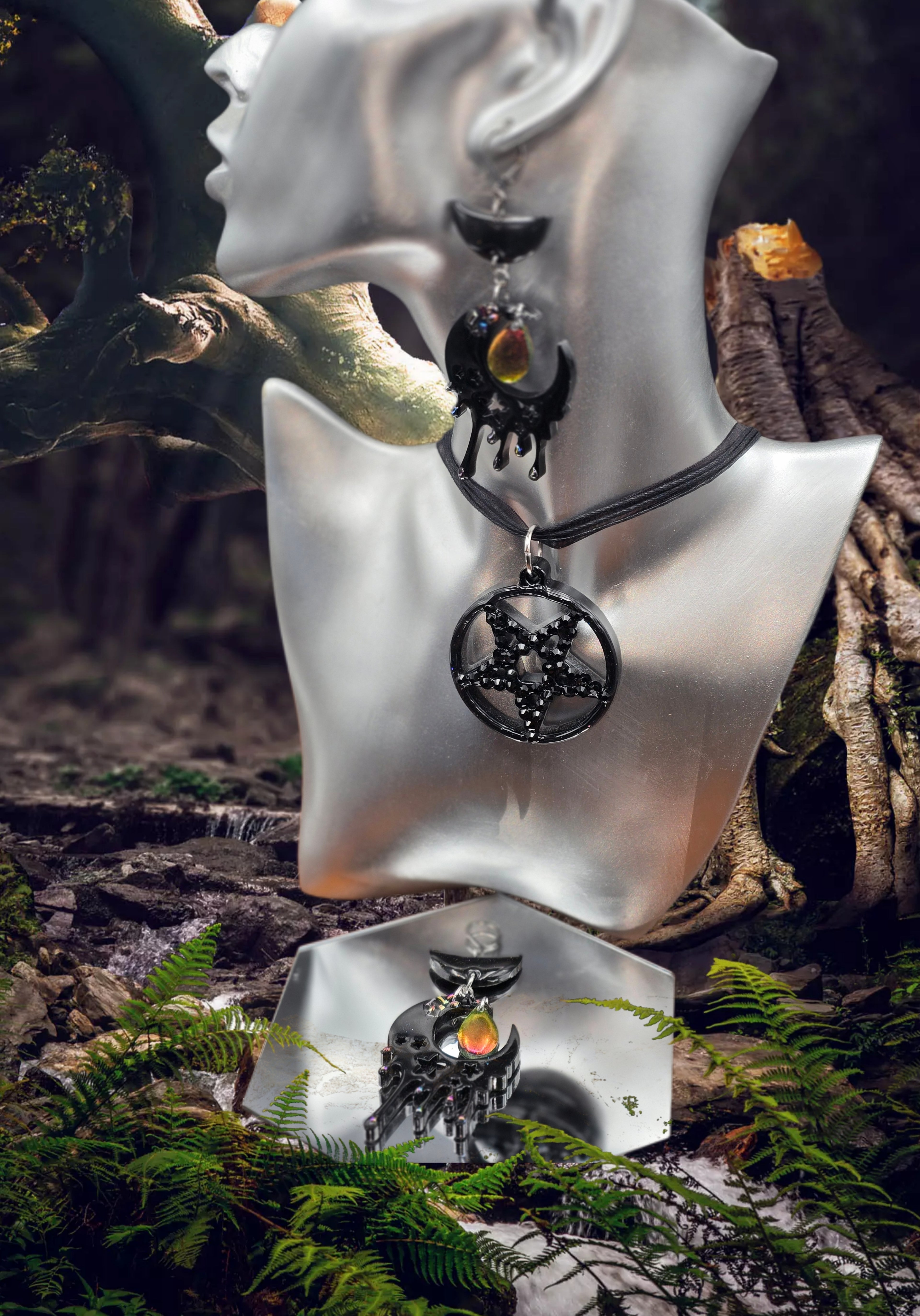 Handgefertigte Gothic Ohrringe – Mond & Sterne mit Metallic Schimmer