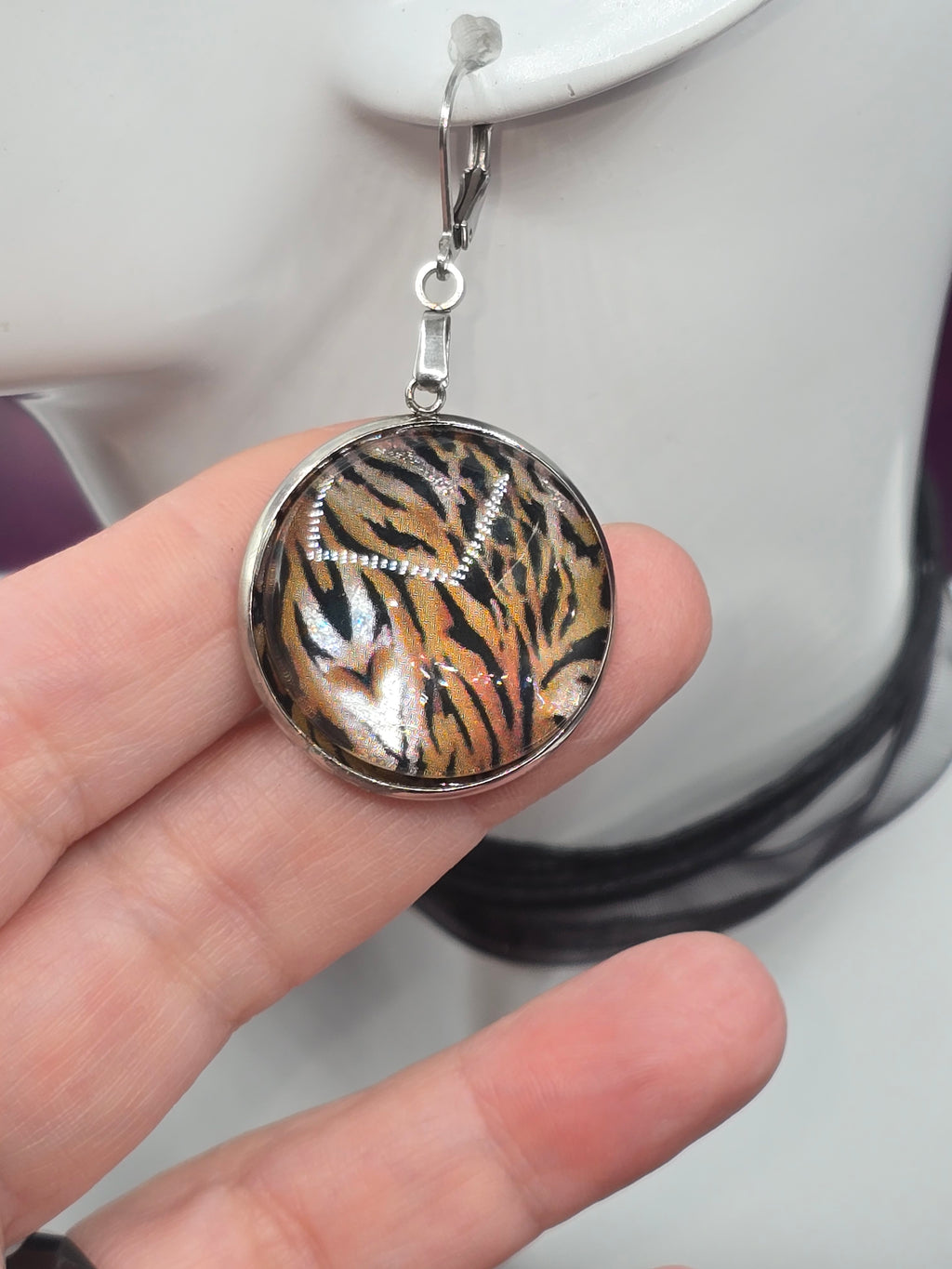 Edelstahl Cabochon Ohrringe – Holographic Tiger Edition 🖤🔥